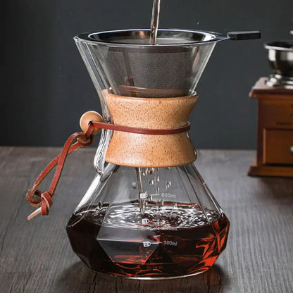 Clear glass diamond glass hand brew coffee maker with wooden collar and brown leather strap for kitchen dining