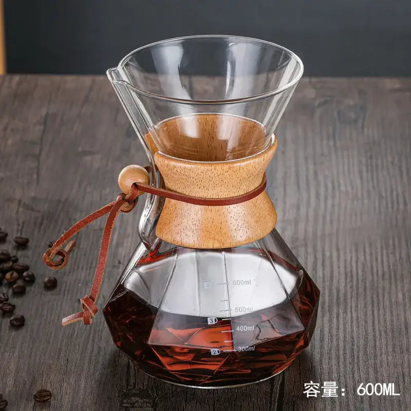 Clear glass diamond glass hand brew coffee set with wood neck and leather tie holding 600ml dark brew