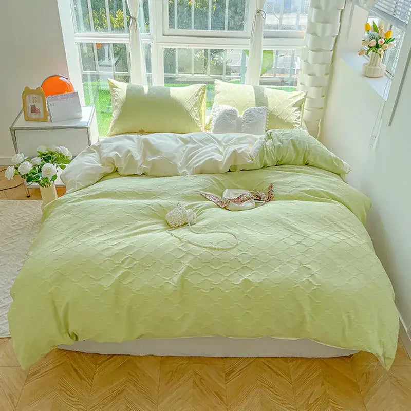 Light green quilted jacquard duvet cover set with subtle diamond pattern perfect for skin friendly bedding