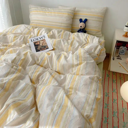 Soft cream and yellow striped diamond jacquard duvet cover with subtle blue accents skin friendly bedding