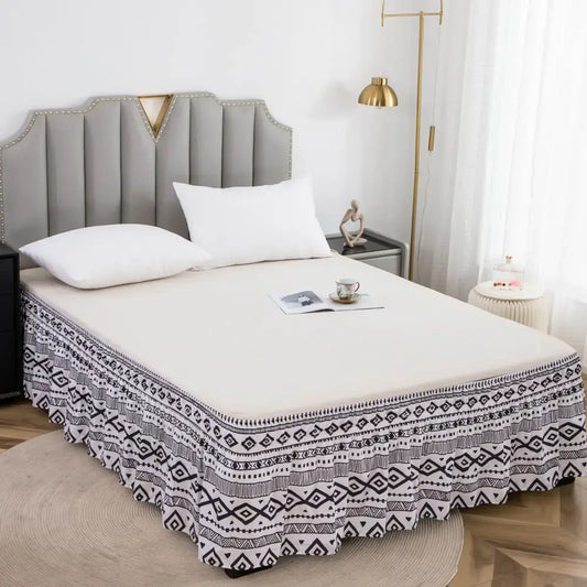 Black and white diamond lattice ruffled bed skirt with elastic band and ruffled hem for bedroom use