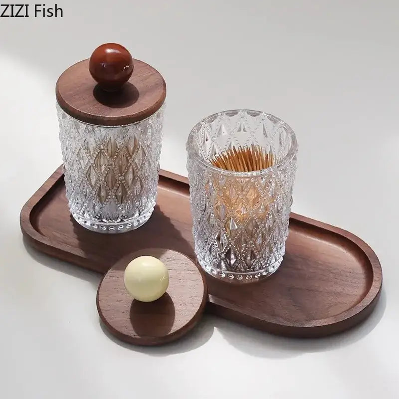 Clear crystal toothpick holder with diamond-cut pattern and walnut lid featuring a polished wooden knob for decorbites colorful ceramic use