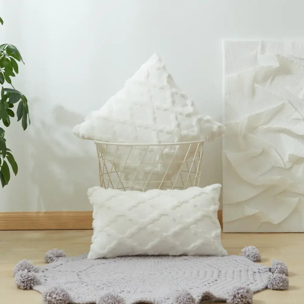 White textured throw pillows with soft plush fabric and diamond solid embroidery cushion cover for living room use