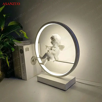 Dectorbites dimmable angel white cherub table lamp with circular led light frame for bedroom decor