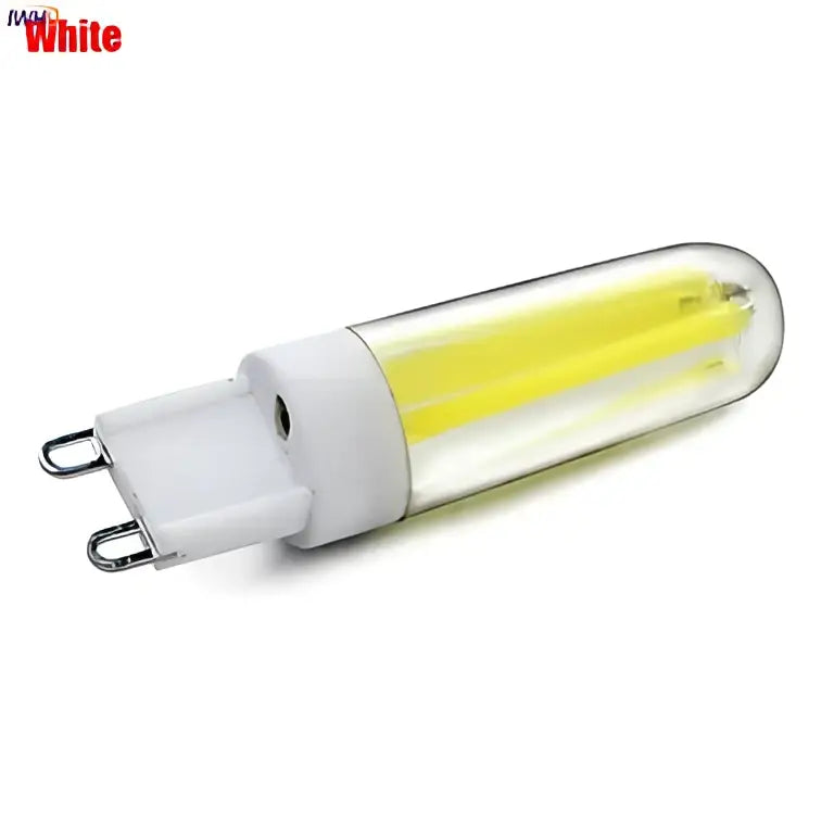 Dimmable cob led bulb with clear glass filament and white base emitting bright cool white light for living room decor