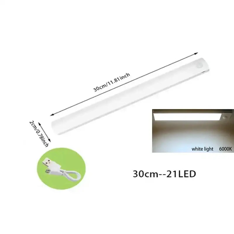 A sleek white 30cm dimmable led motion sensor strip light with usb-c cable for kitchen decorbites dimmable led use