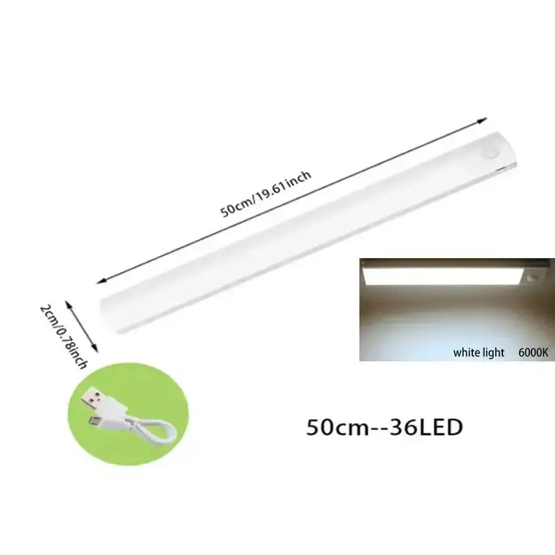A sleek white 50cm decorbites dimmable led motion sensor strip light with usb-c cable for kitchen lighting decor