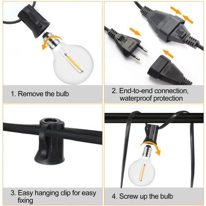 Black outdoor dimmable led outdoor string lights with clear glass edison bulbs and waterproof connectors by decorbites