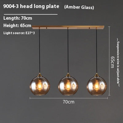 Amber glass 3-head disc pendant light with spherical bulbs and wooden long platter for dining room chandelier