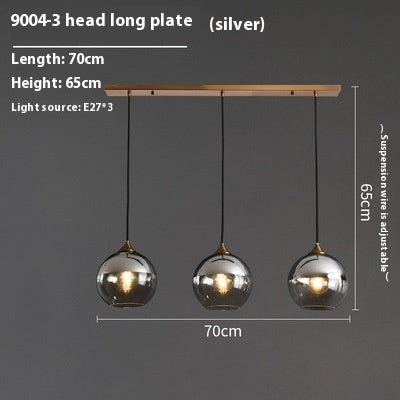 Silver 3-head disc long platter pendant light with smoked glass shades and wooden accents for dining room chandelier