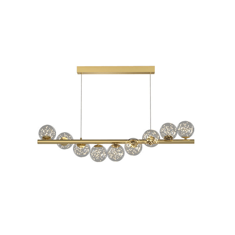 Gold linear dining room chandelier with clear glass globe bulbs wooden accents creative 3d long light source design