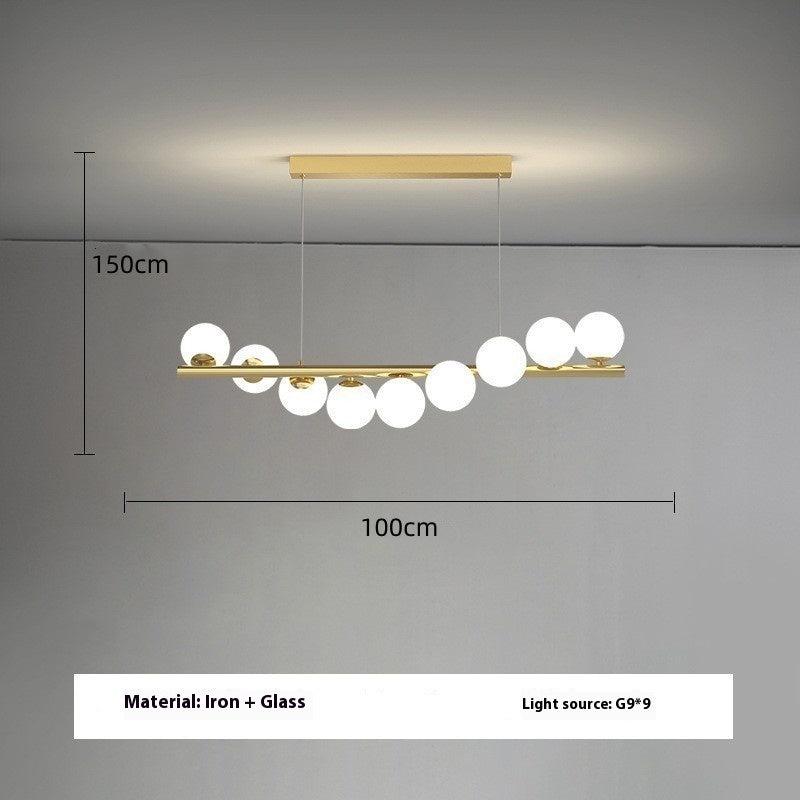 Gold bar pendant light with white glass spheres iron and glass construction as a dining room chandelier creative 3d long light source