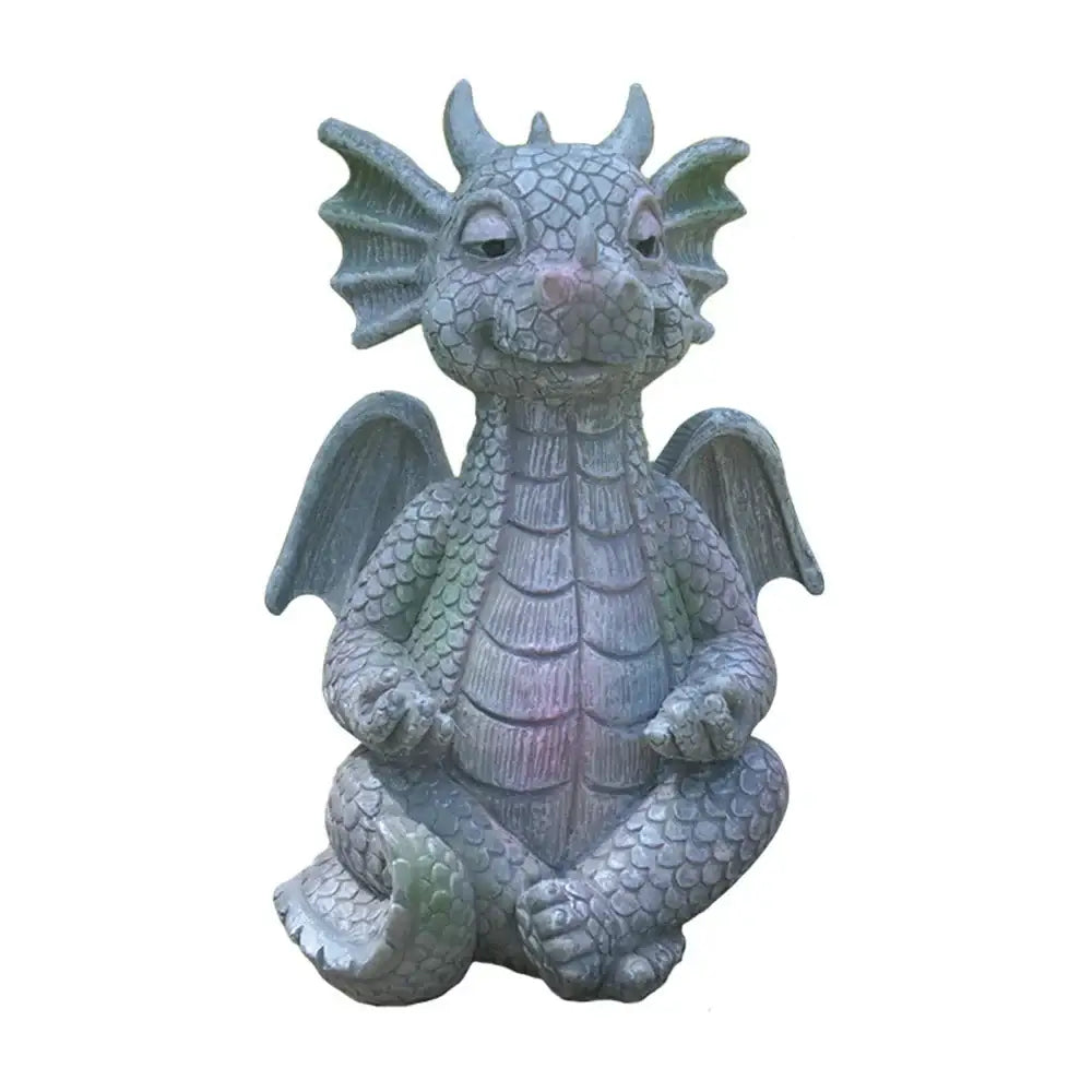 A gray-green resin dino garden sculpture with detailed scales and a friendly expression for outdoor decorbites dino garden decor