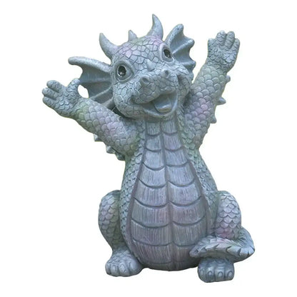 A charming gray resin dino garden sculpture with detailed scales and a friendly waving expression for fun dinosaur decor