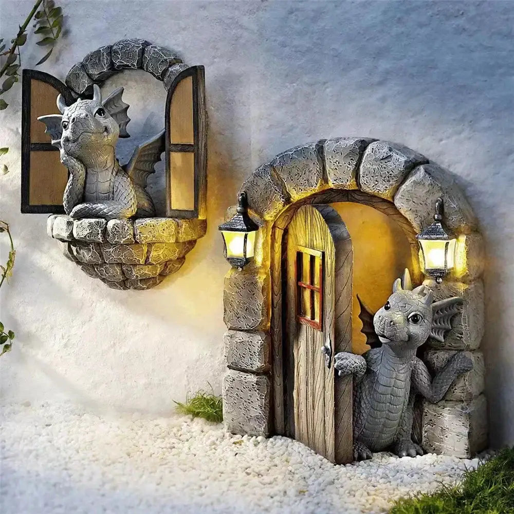 Gray stone dino garden sculpture with dragon-themed fairy door wooden panel and lanterns for fun dinosaur decorbites decor