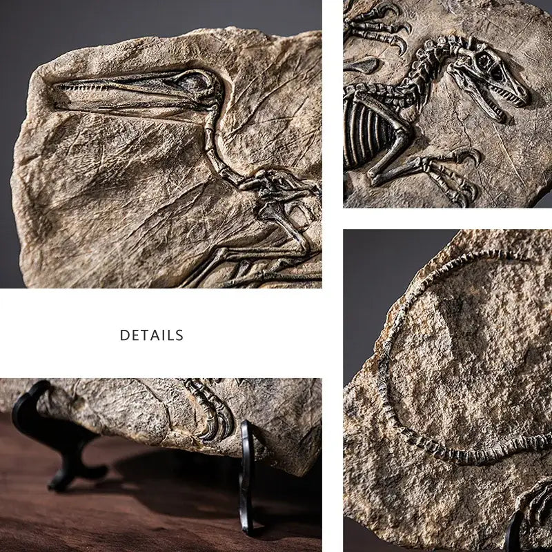 Detailed dinosaur fossil resin craft sculpture embedded in beige textured rock slab office desk decor by decorbites