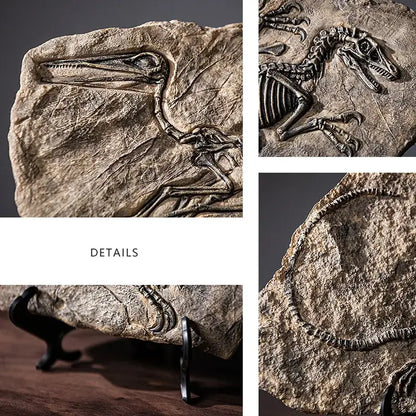 Detailed dinosaur fossil resin craft sculpture embedded in beige textured rock slab office desk decor by decorbites