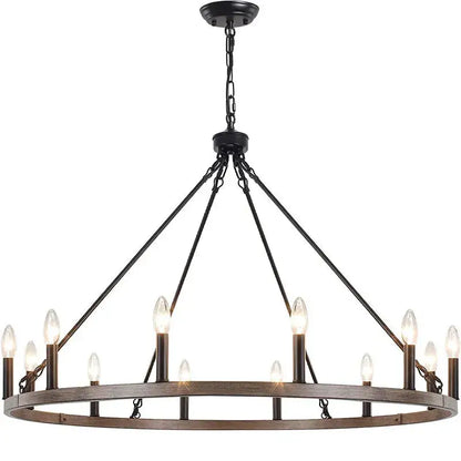 Black wrought iron candle chandelier with rustic wooden ring and twelve bulbs from decorbites iron candle collection