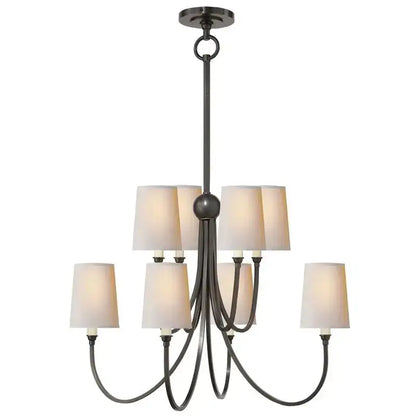 Dark bronze double layered minimalist pendant light with six curved arms and cream fabric shades for dining room