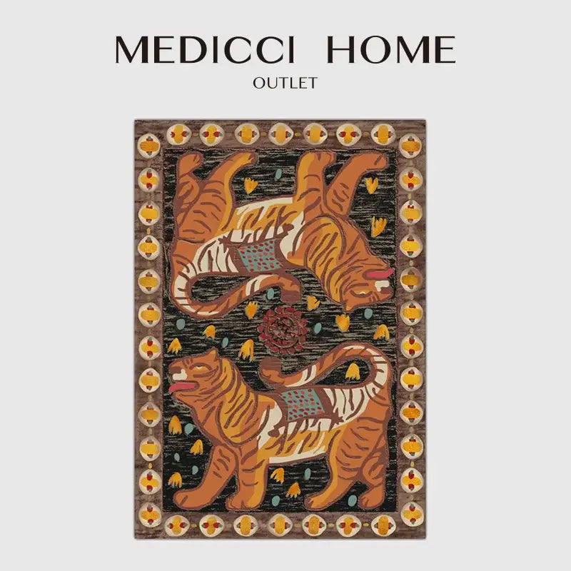 Medici home outlet double tiger bohemian rectangular rug with orange tigers and ornate border for living room decor