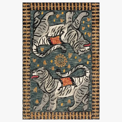 A rectangular double tiger bohemian moroccan rug with white tigers on dark teal and gold leaf patterns for living room decor