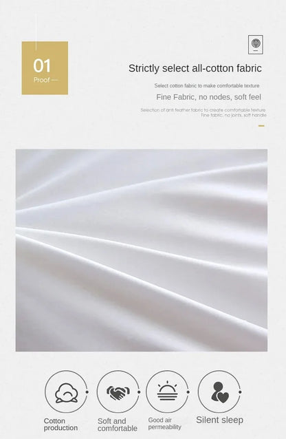 White finely textured all-cotton fabric surface of down duvet with 95 white goose down for warm hotel use