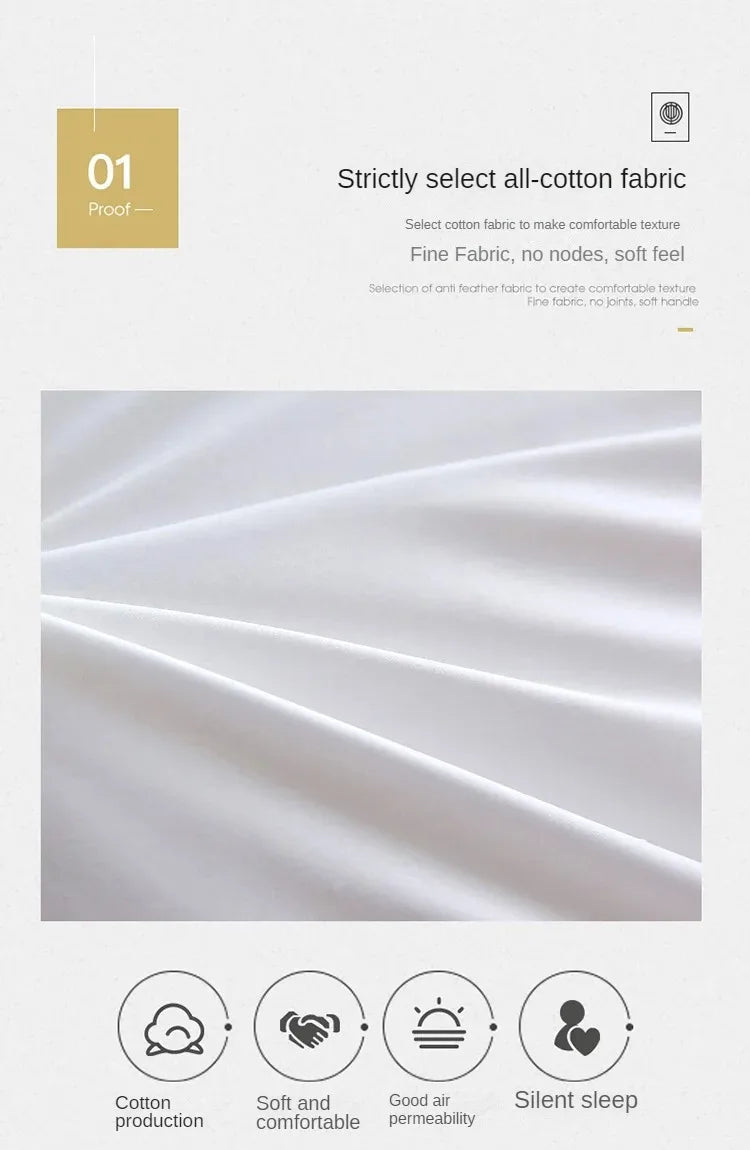 White finely textured all-cotton fabric surface of down duvet with 95 white goose down for warm hotel use
