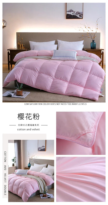 Pink quilted down duvet core in cherry blossom pink made of cotton and velvet with 95 white goose down filling
