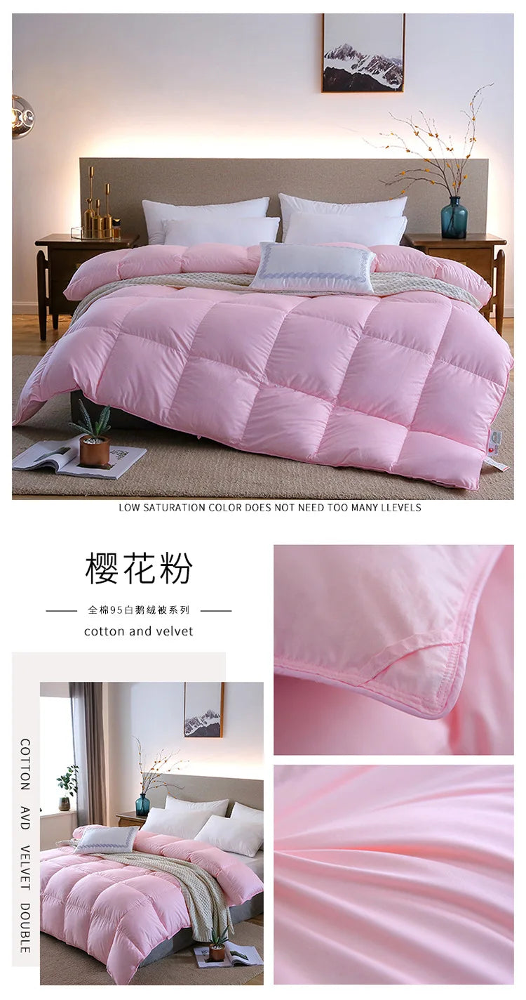 Pink quilted down duvet core in cherry blossom pink made of cotton and velvet with 95 white goose down filling