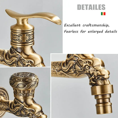 Antique brass bathroom wall mount faucet with ornate dragon carved decorbites design and intricate detailing