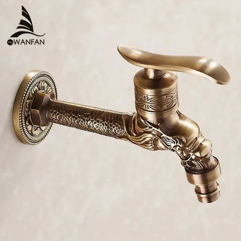 Antique bronze bathroom faucet featuring ornate decorbites dragon carved design with intricate embossed patterns