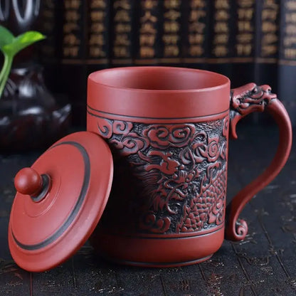 Red ceramic dragon phoenix thermo coffee mug with intricate carvings, matching lid, and sculpted handle by decorbites dragon phoenix