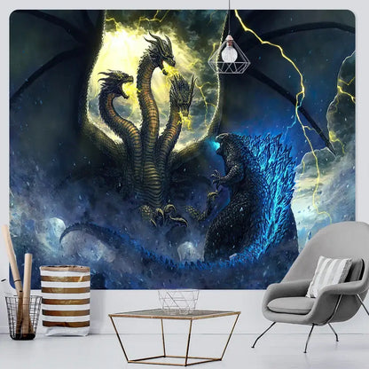 A dragon psychedelic art tapestry in orange and gold depicting godzilla vs king ghidorah battle under stormy sky for bedroom decor
