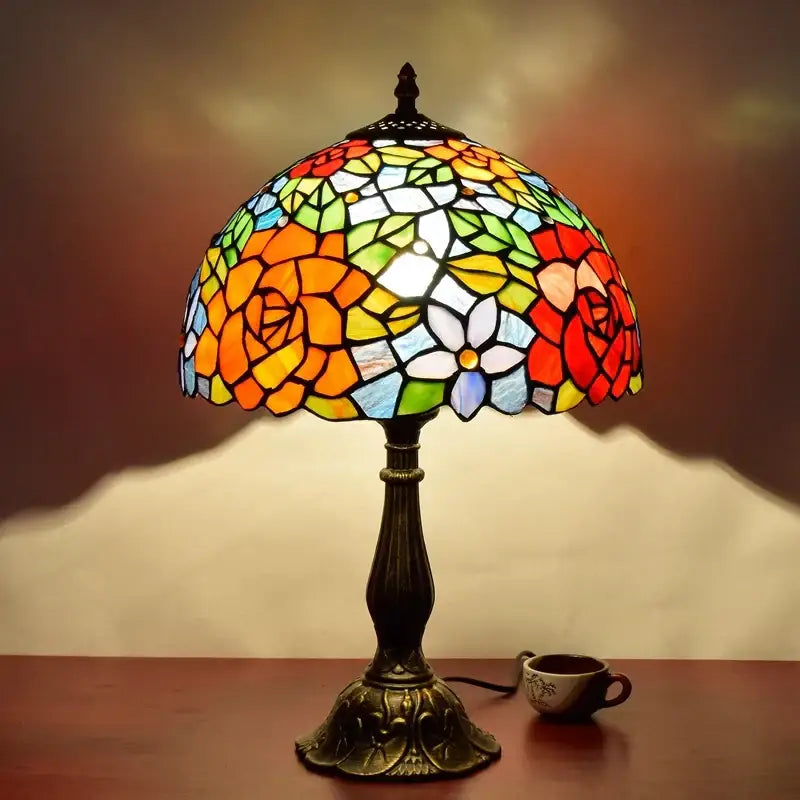 Vibrant decorbites dragonfly tiffany stained glass table lamp with floral design and ornate brass base for bedroom decor