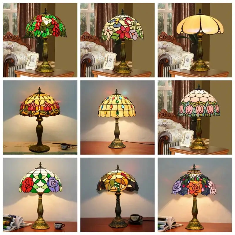 Stained glass decorbites dragonfly tiffany table lamp with vibrant floral design and brass base for bedroom decor
