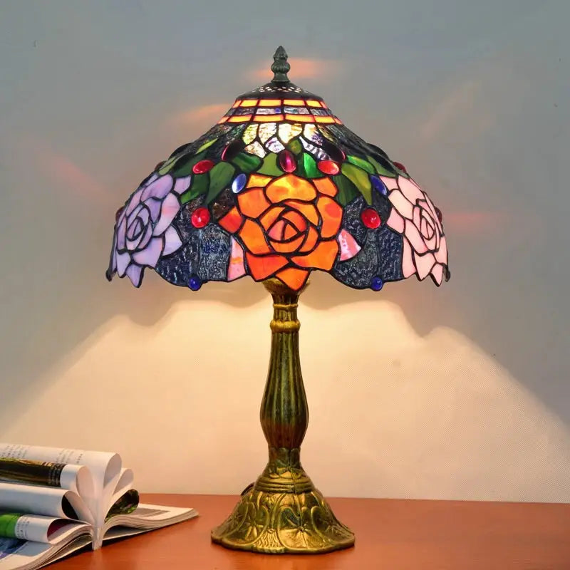 Dragonfly tiffany stained glass table lamp with vibrant orange pink purple rose shade on brass base for decorbites decor