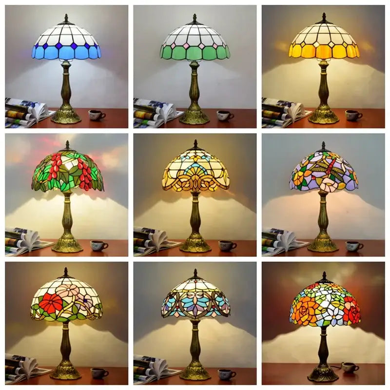 Stained glass decorbites dragonfly tiffany table lamp with floral and geometric patterns, brass base for bedroom decor