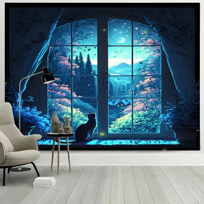 Serene blue-toned dreamy window cat tapestry featuring a moonlit forest scene for bedroom decorbites dreamy window wall cloth