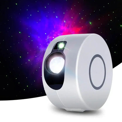 White cylindrical dynamic galaxy star projector light with sleek design and glowing green power indicator for bedroom decor