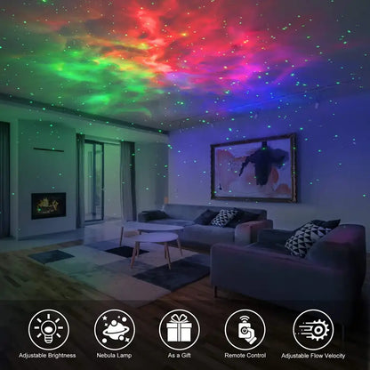 Dynamic galaxy star projector light casting vibrant red green and blue starry patterns on white bedroom ceiling decor