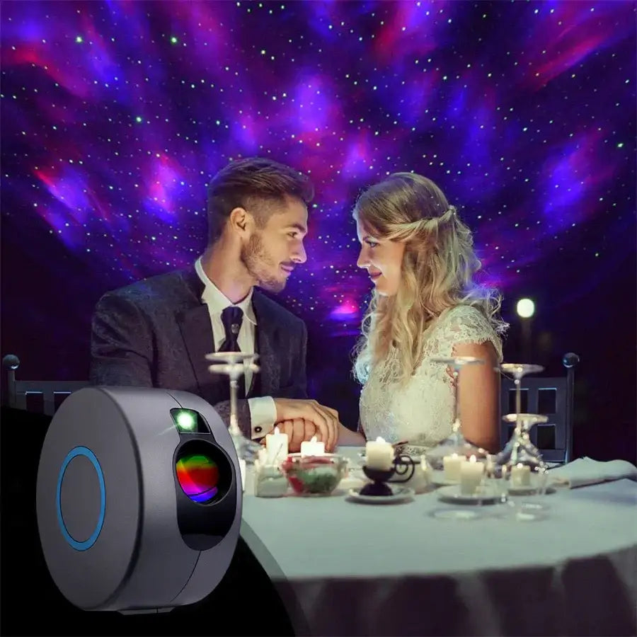 Gray circular dynamic galaxy star projector light with colorful lens and green power indicator for bedroom ceiling decor
