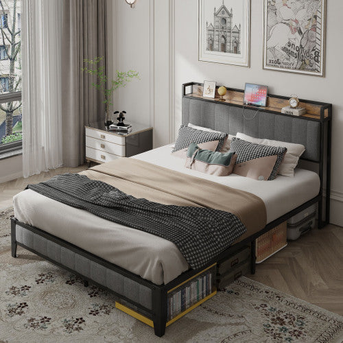 Gray Upholstered Charging Bed