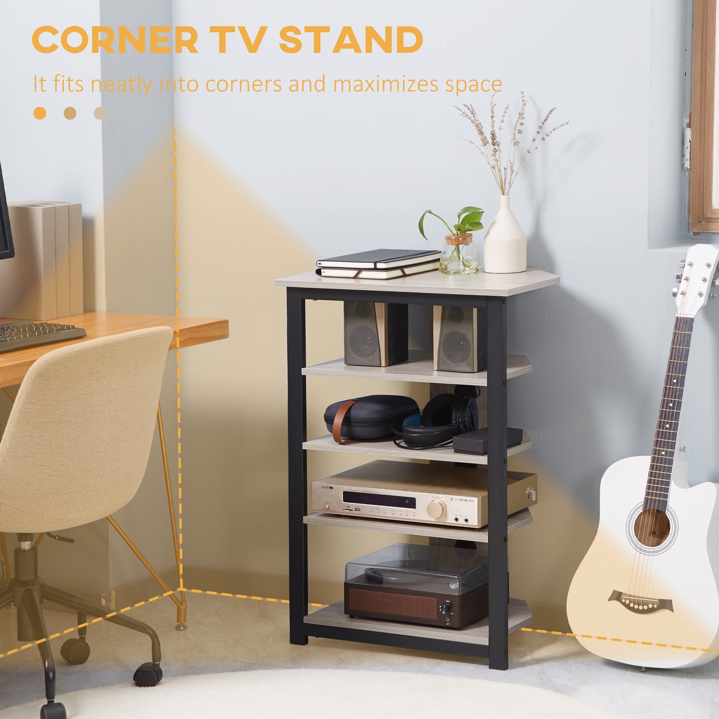 Medienständer mit 4-stufigem Audioregalsystem AV-Medien-Eckregal mit Kabelmanagement für DVD-Player, Spielkonsolen, TV-Kabel, WLAN-Router
