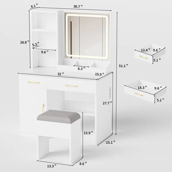 Make-up-Tisch mit Spiegel und Lichtern, weißer Schminktisch mit Stromanschluss und 3 Beleuchtungsmodi, Ankleidetisch-Set mit Schrank, Schubladen, Regalen und Stauraum-Hocker für das Schlafzimmer