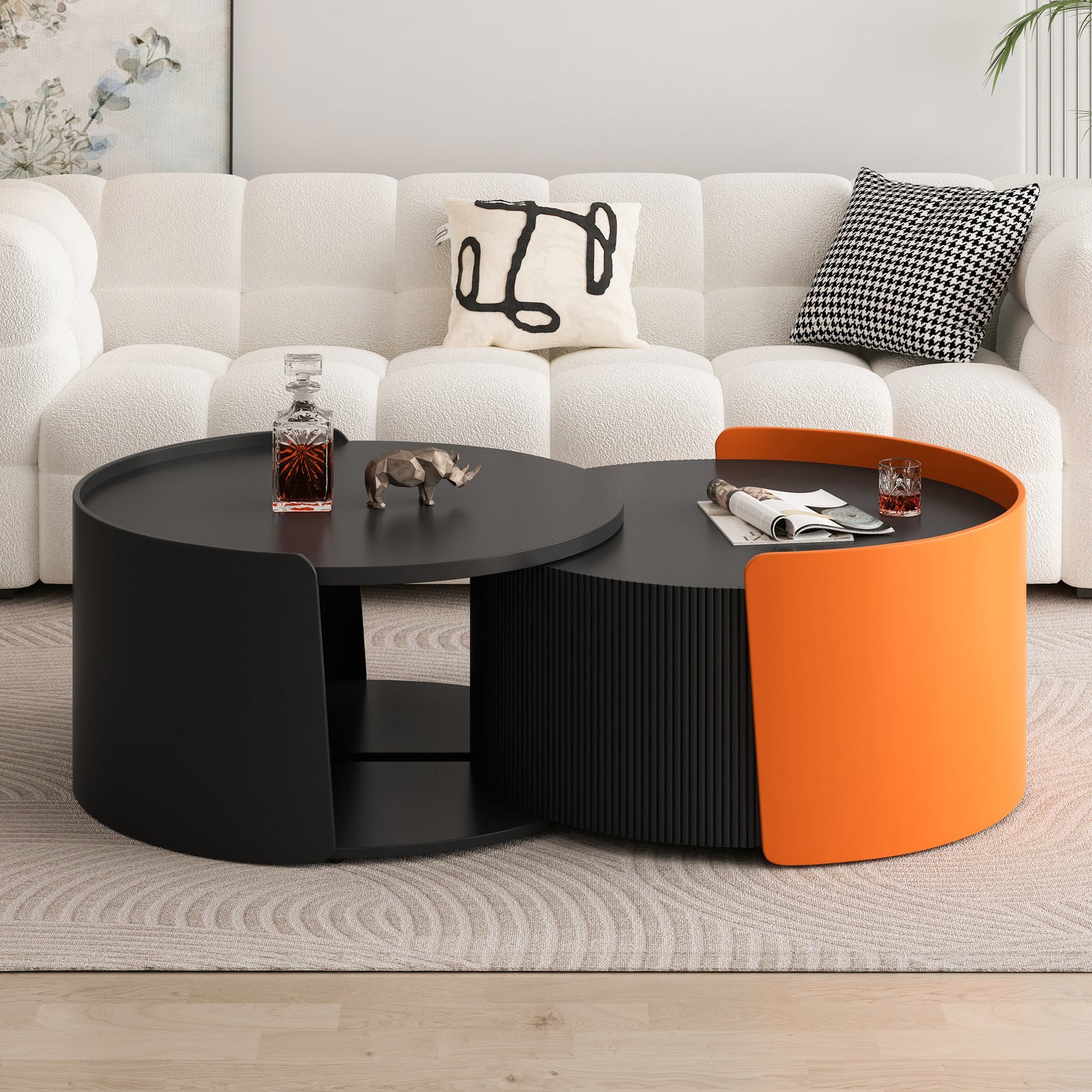 Nistender Couchtisch, Runde Nisttische und Beistelltische für kleine Räume, Moderne Beistelltische mit ausziehbarem Schiebetischplatte für Wohnzimmer, Büro, Schwarz, Keine Montage erforderlich