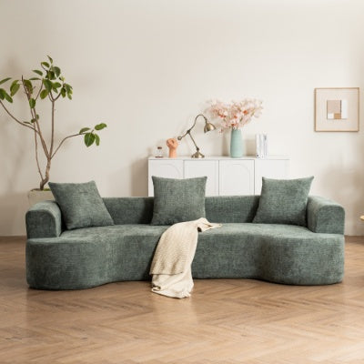 Moderner Stil-Gekrümmtes Sofa, Weiches Samtstoff-Sofa mit 3 Kissen, Wohnzimmer Milchweiß Ultra-Glatter Gekrümmter Stoffsofa