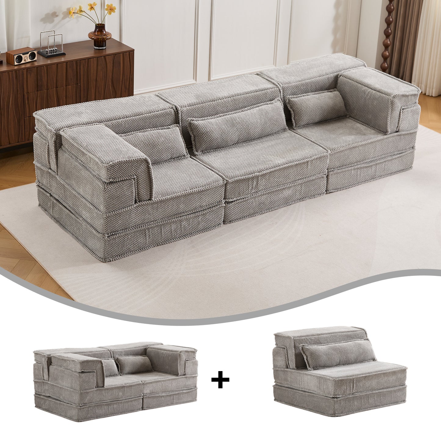 Kompressions-Mahjong-Sofa, umklappbares Boden-Sofabett, DIY knochenloses modulares Sektionssofa, keine Montage erforderlich, Kreis-Fleece-Stoff, überdimensioniertes 3-Sitzer-Sofa mit 3 Kissen, Hellgrau