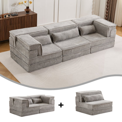 Kompressions-Mahjong-Sofa, umklappbares Boden-Sofabett, DIY knochenloses modulares Sektionssofa, keine Montage erforderlich, Kreis-Fleece-Stoff, überdimensioniertes 3-Sitzer-Sofa mit 3 Kissen, Hellgrau