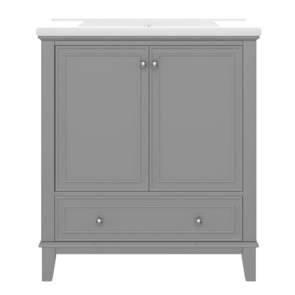 30-Zoll-Badwaschtisch mit Waschbecken-Kombination, Multifunktionaler Badezimmerschrank mit Türen und Schublade, Solider Rahmen und MDF-Platte, Grau