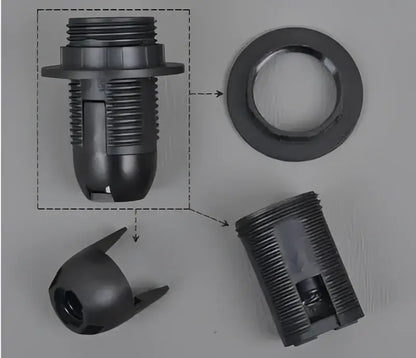 Black plastic e27 lamp bulb holder fitting with threaded metal insert and flanged base for living room use
